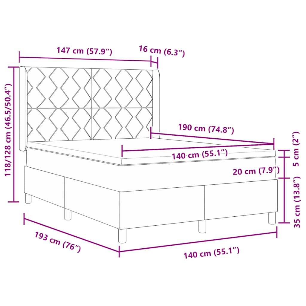 Boxspringbett mit Kopfteil Dunkelgrau 140 x 190 cm Stoff