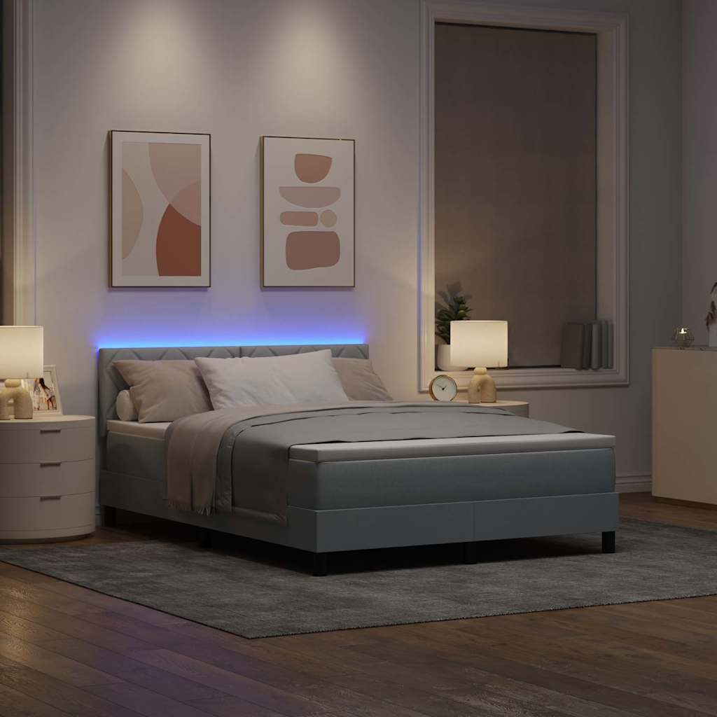 Boxspringbett mit LED-Lichtleisten Hellgrau 140 x 190 cm Stoff