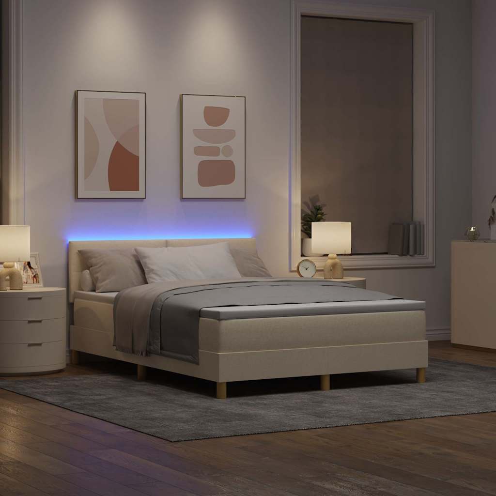 LED Boxspringbett mit LED-Lichtleisten Creme 140 x 200 cm Stoff