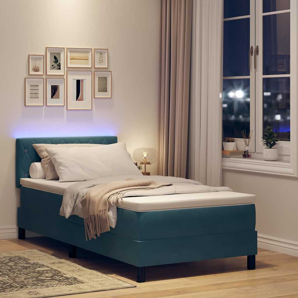 LED Boxspringbett mit Matratze Dunkelblau 90 x 200 cm Samt