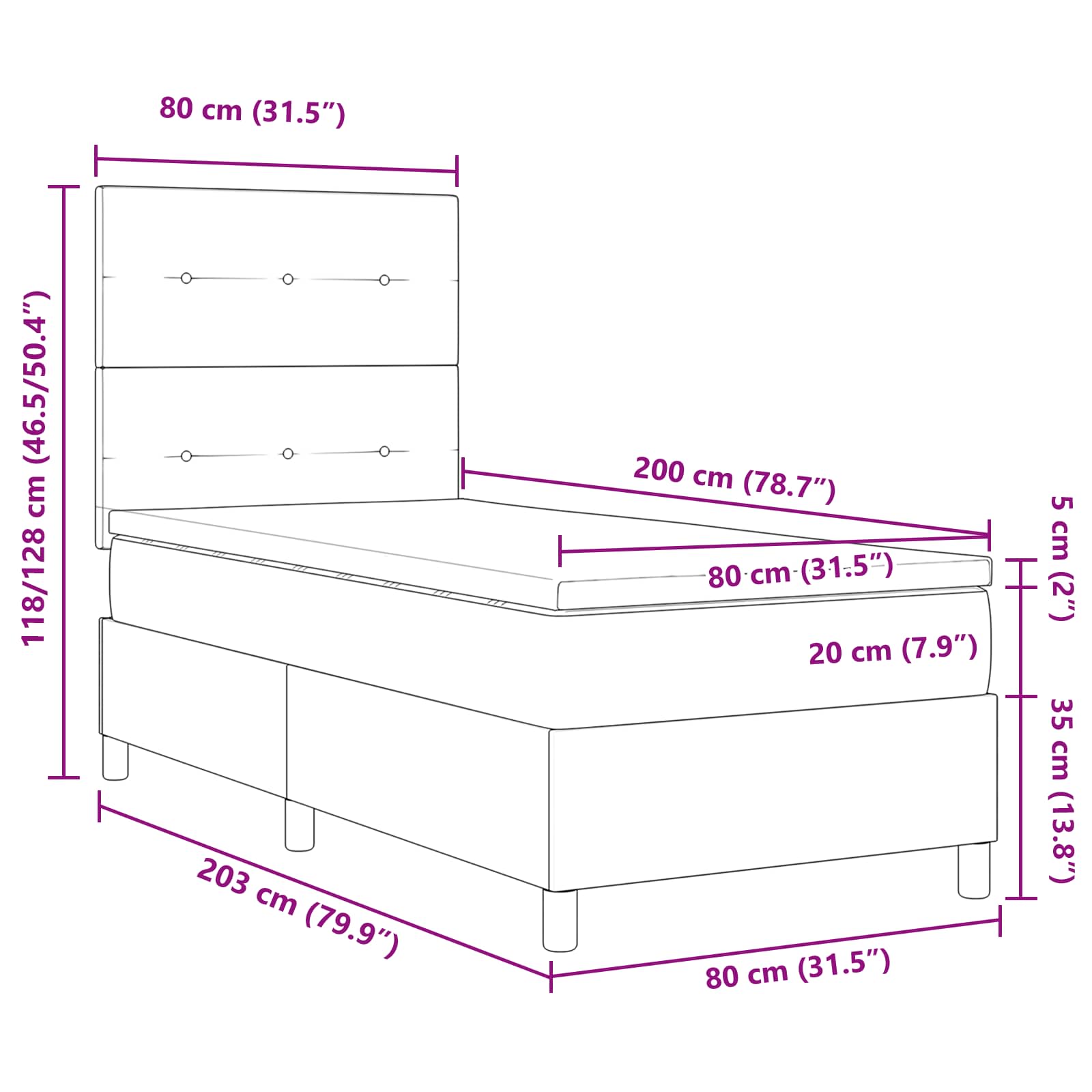 Boxspringbett mit LED-Lichtleisten Schwarz 80 x 200 cm Stoff