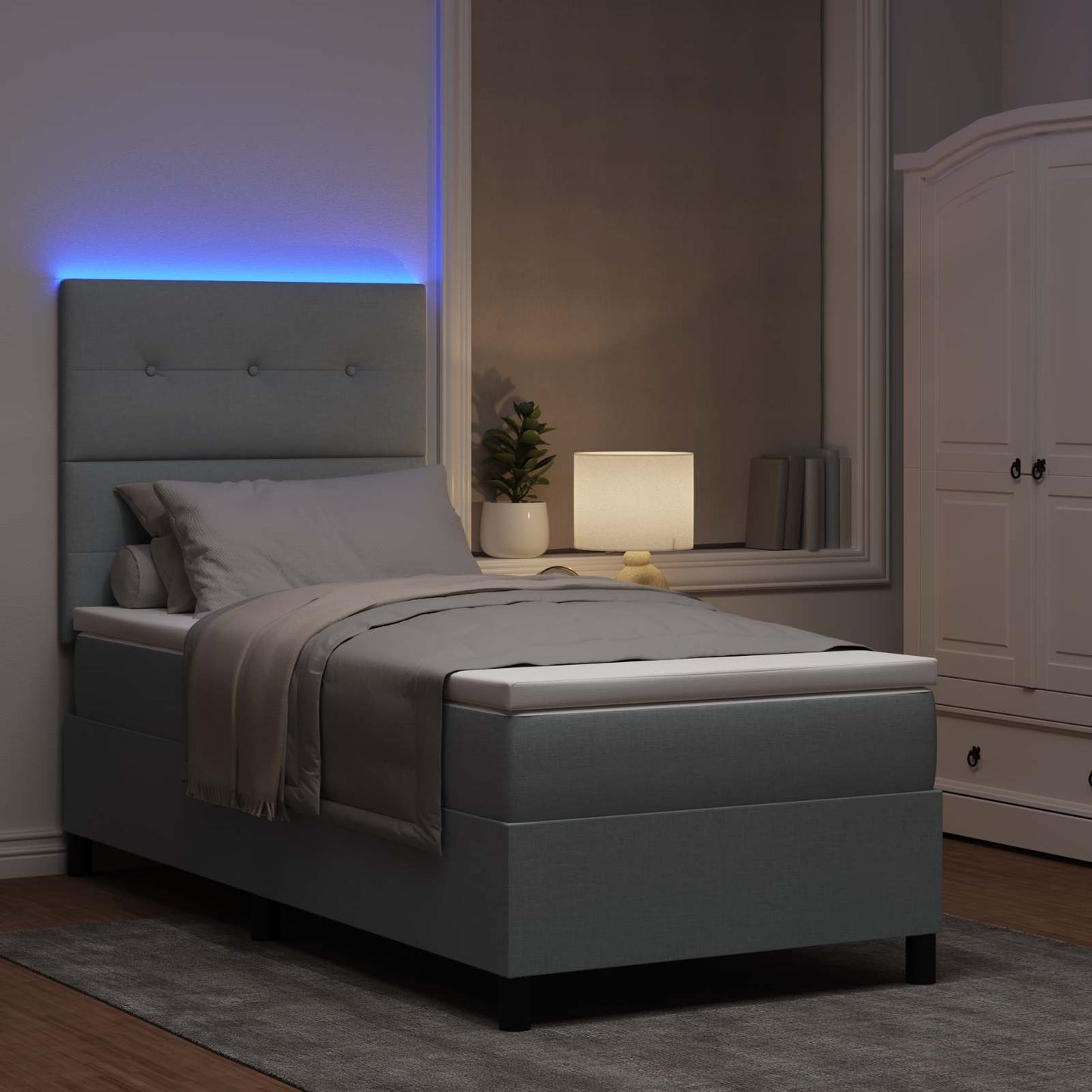 Boxspringbett mit LED-Lichtleisten Hellgrau 90 x 190 cm Stoff