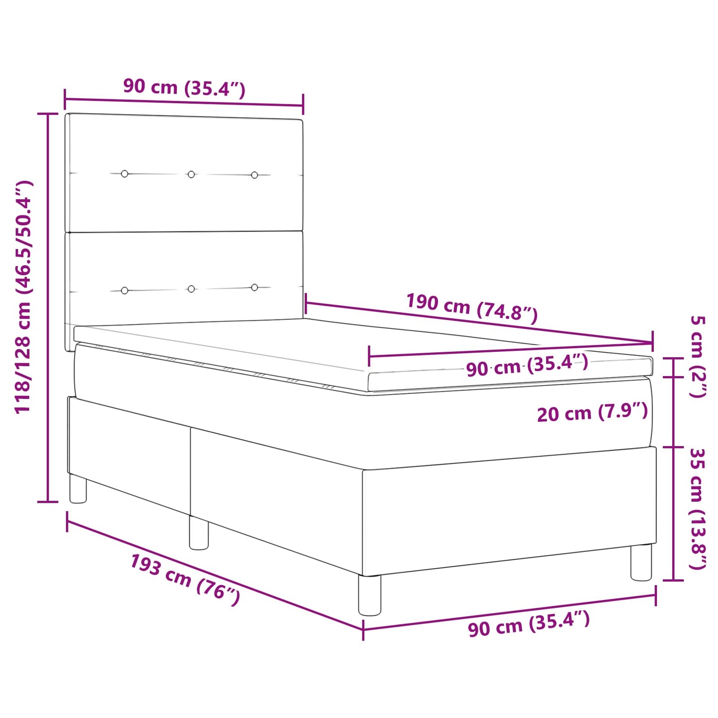 Boxspringbett mit LED-Lichtleisten Hellgrau 90 x 190 cm Stoff