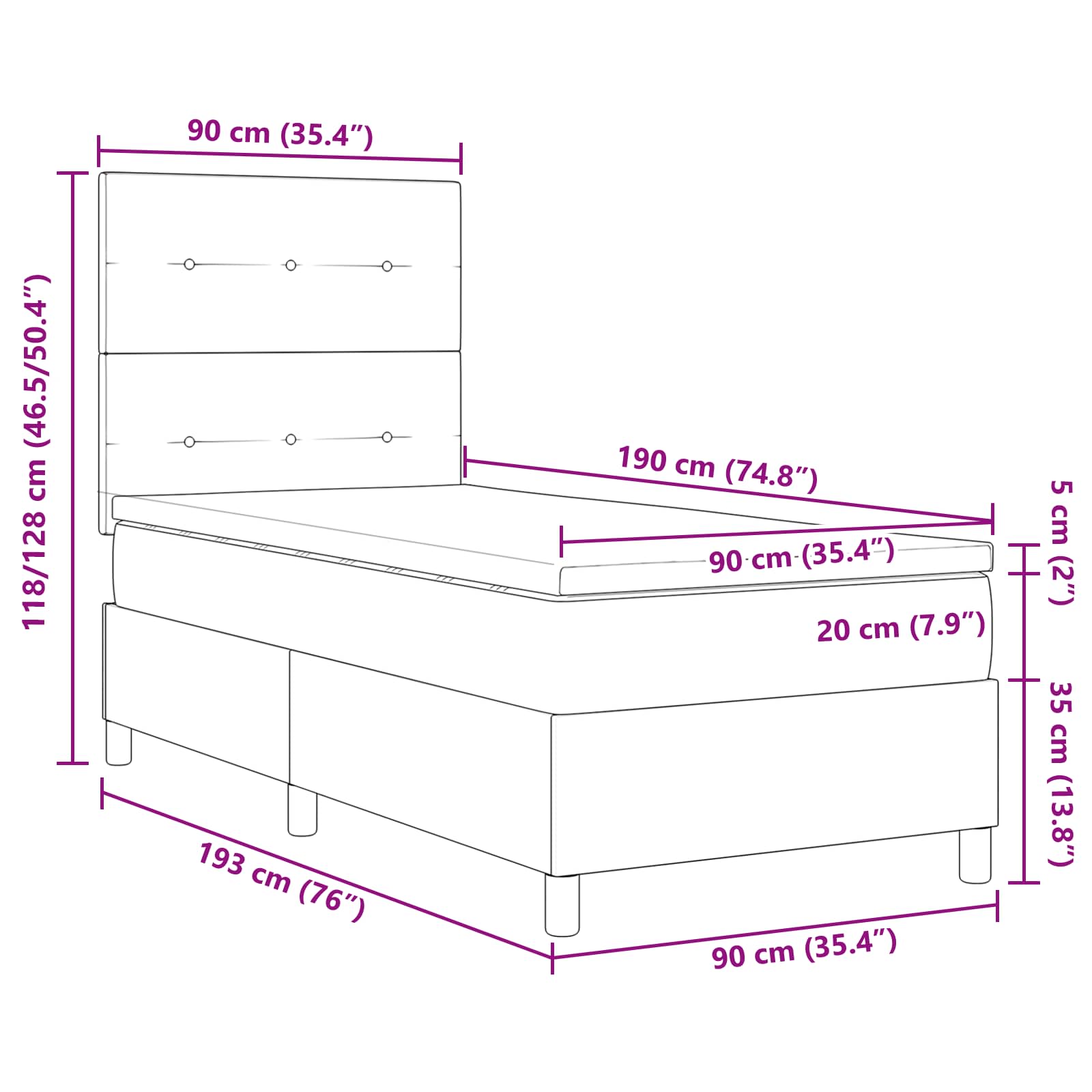 Boxspringbett mit LED-Lichtleisten Hellgrau 90 x 190 cm Stoff