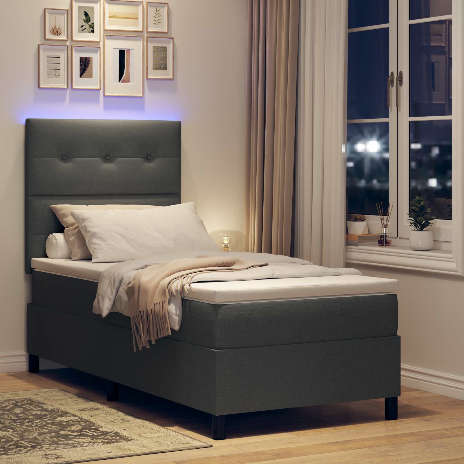 Boxspringbett mit LED-Lichtleisten Dunkelgrau 90 x 190 cm Stoff