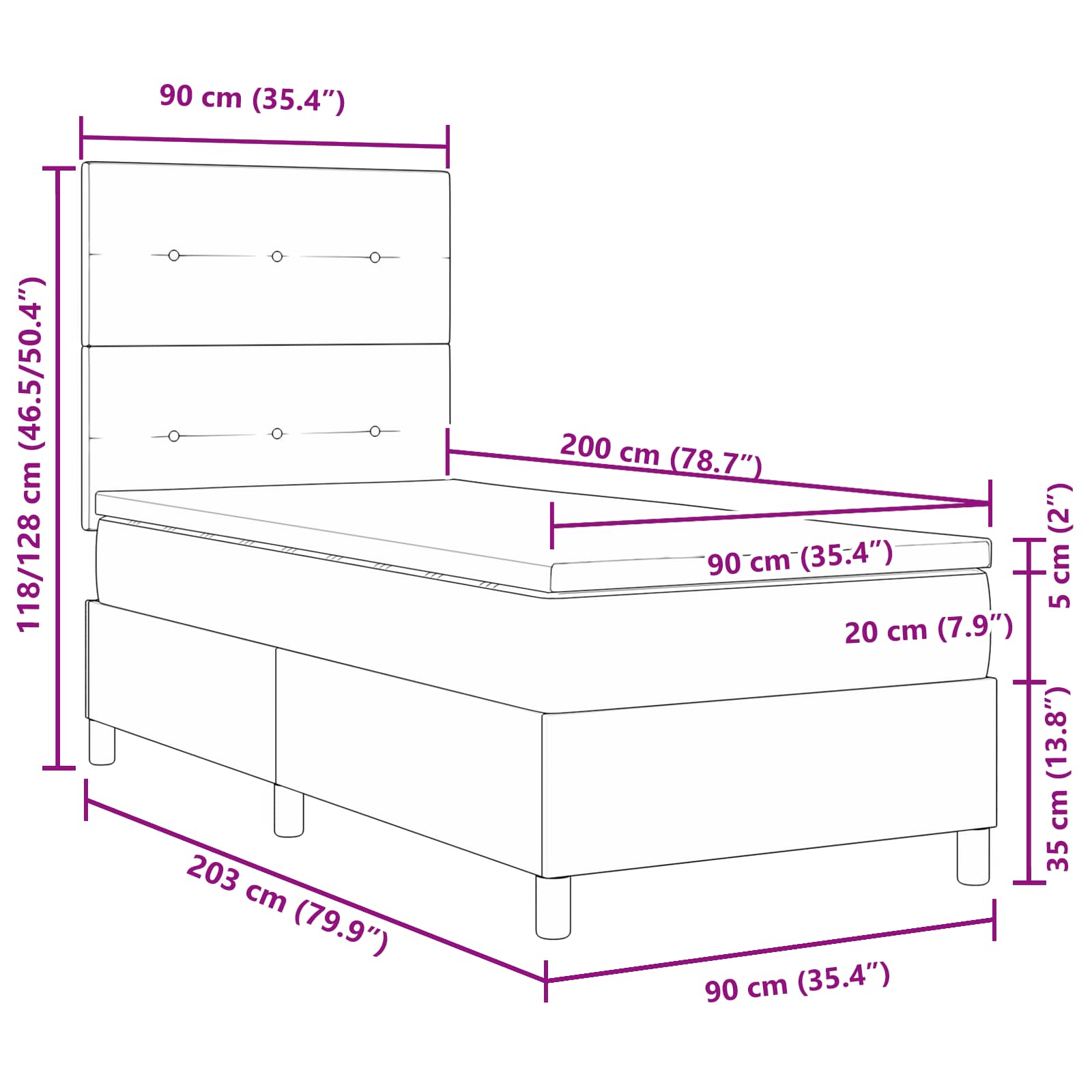 Boxspringbett mit LED-Lichtleisten Hellgrau 90 x 200 cm Stoff