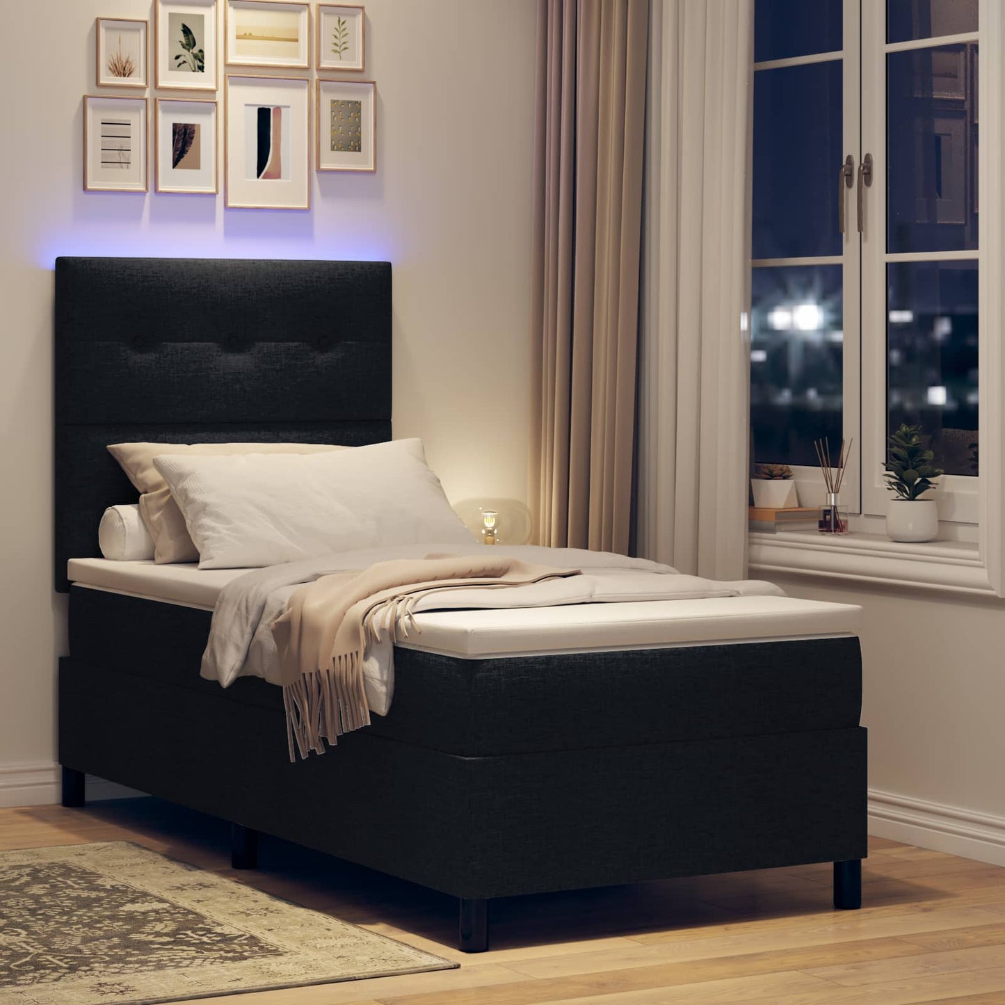Boxspringbett mit LED-Lichtleisten Schwarz 90 x 200 cm Stoff