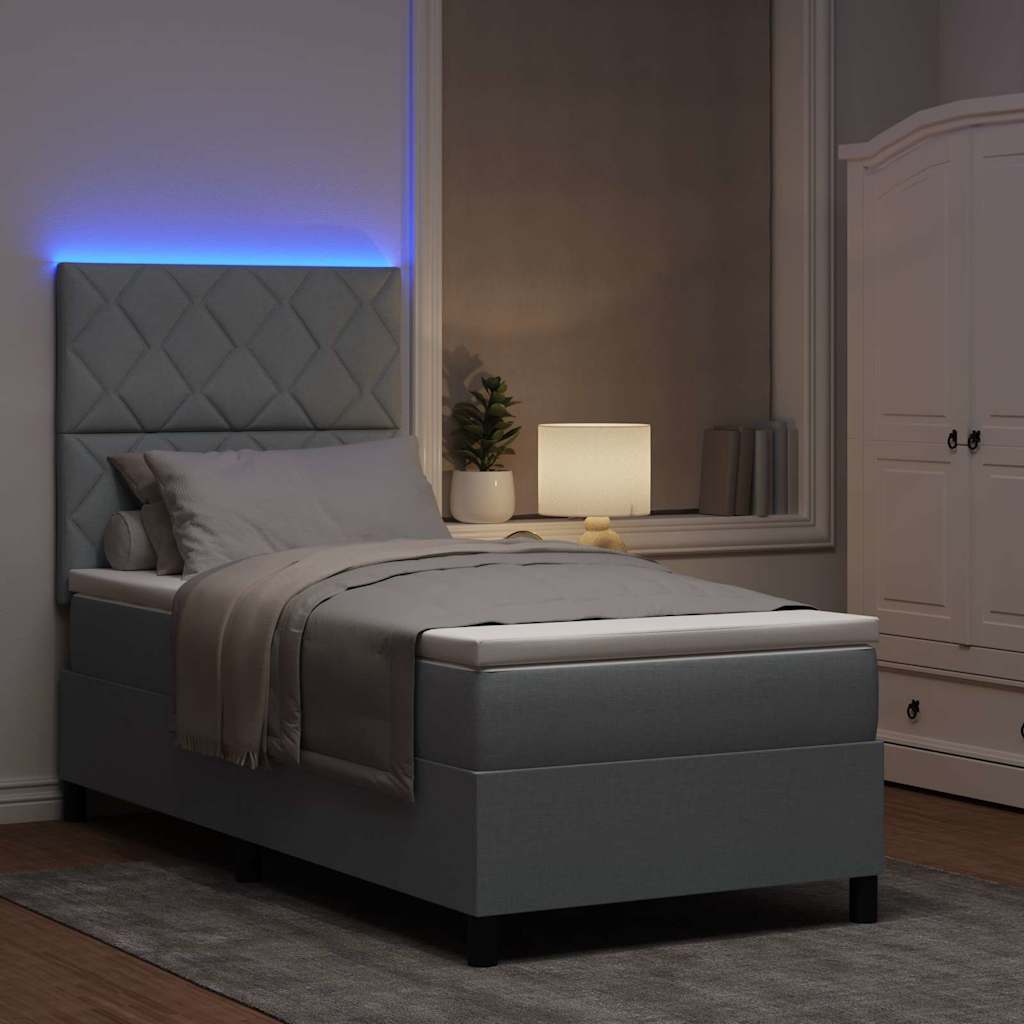 Boxspringbett mit LED-Lichtleisten Hellgrau 90 x 200 cm Stoff