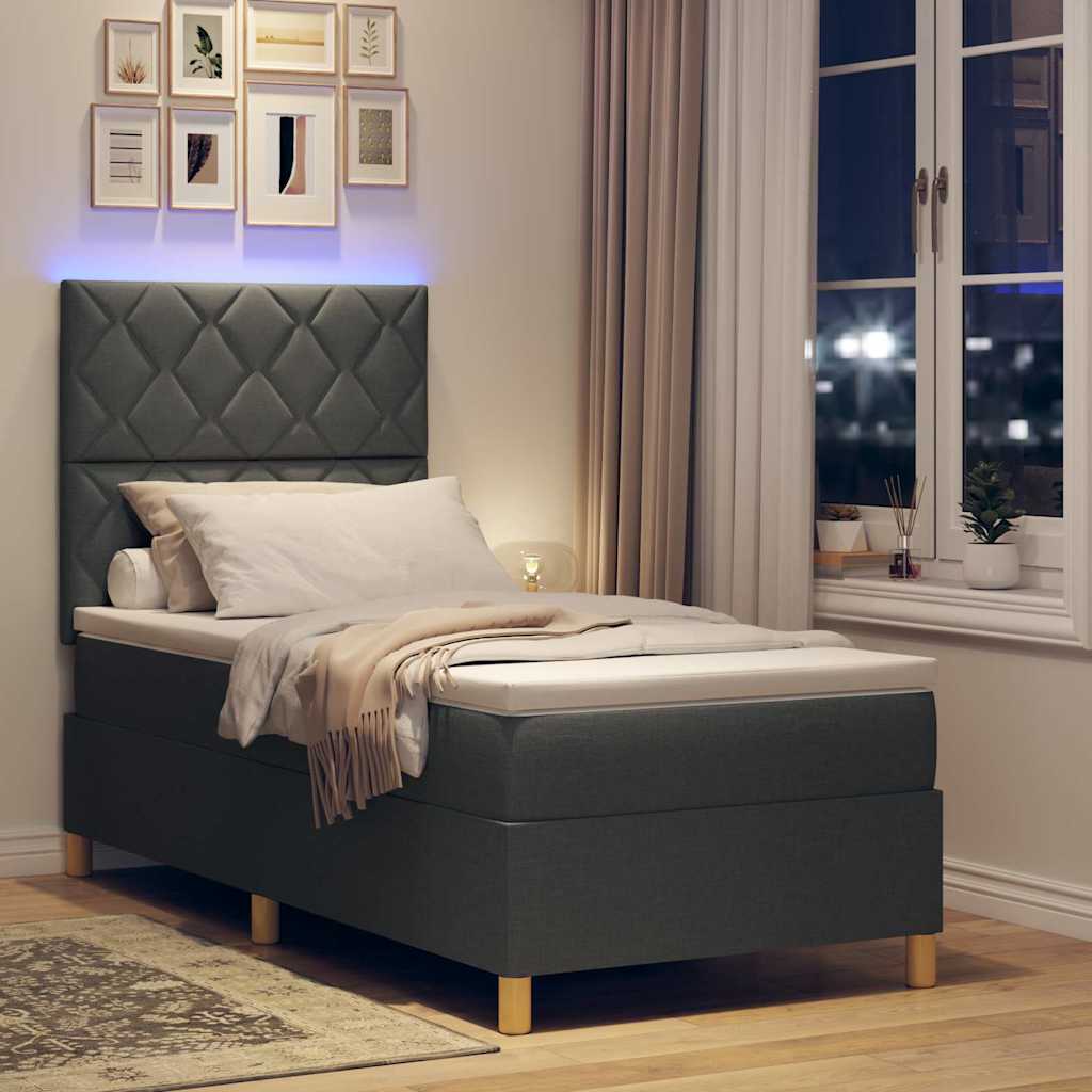LED Boxspringbett mit Kopfteil Dunkelgrau 90 x 200 cm Stoff