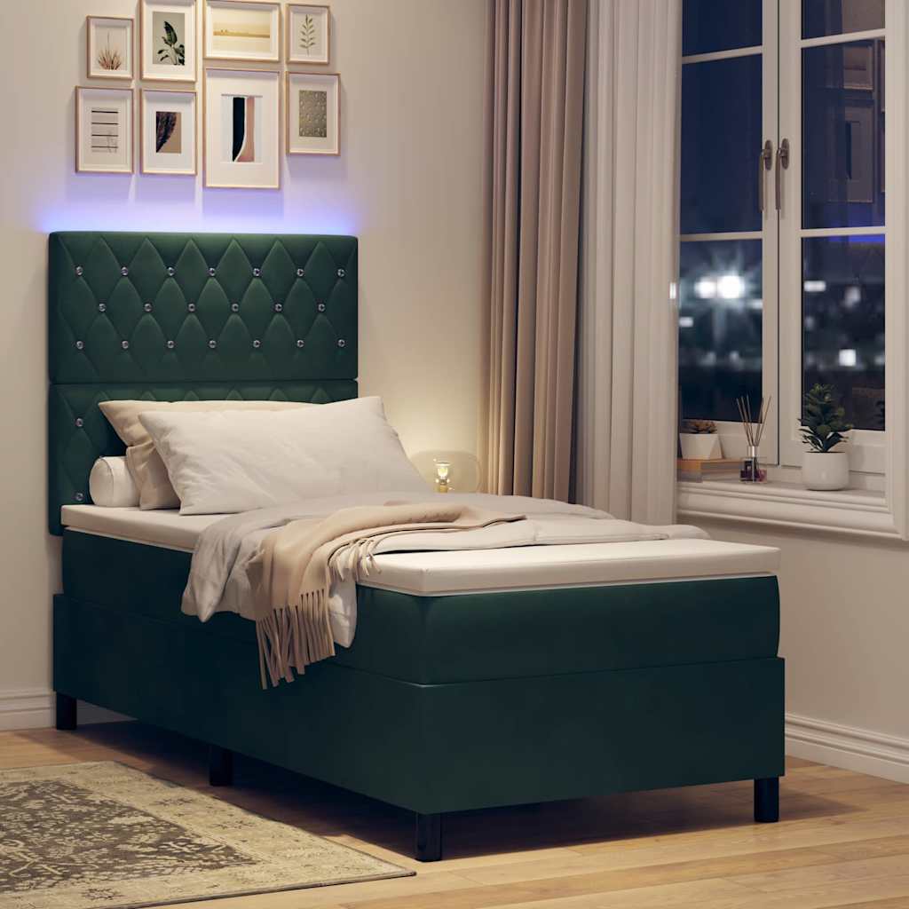 LED Boxspringbett mit Matratze Dunkelgrün 100 x 200 cm Samt