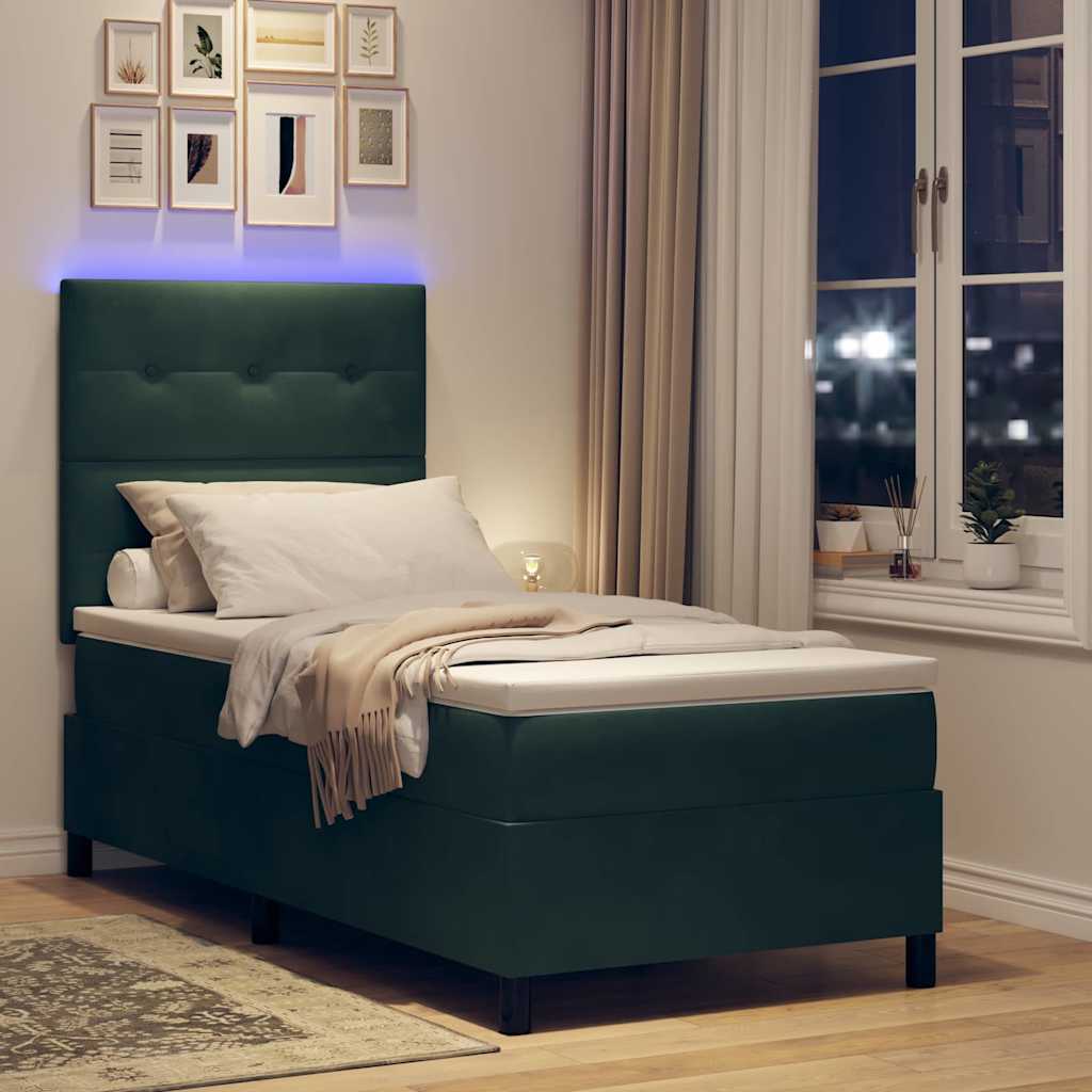 LED Boxspringbett mit Matratze Dunkelgrün 90 x 190 cm Samt