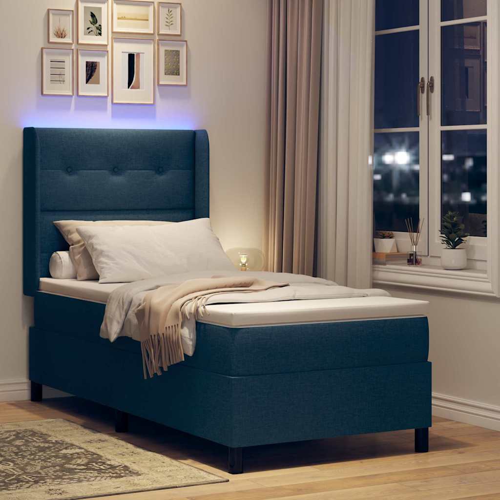 LED Boxspringbett mit Kopfteil Blau 90 x 190 cm Stoff