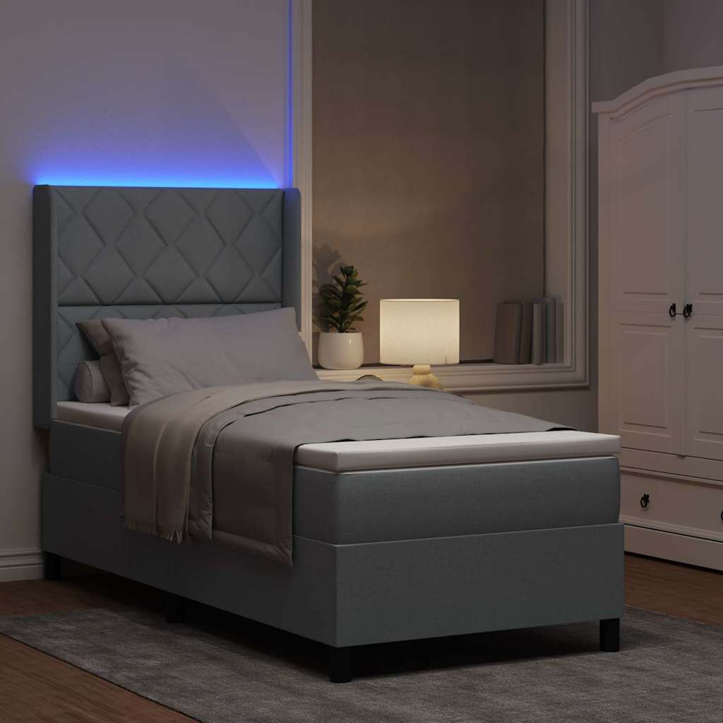 LED Boxspringbett mit Kopfteil Hellgrau 90 x 200 cm Stoff