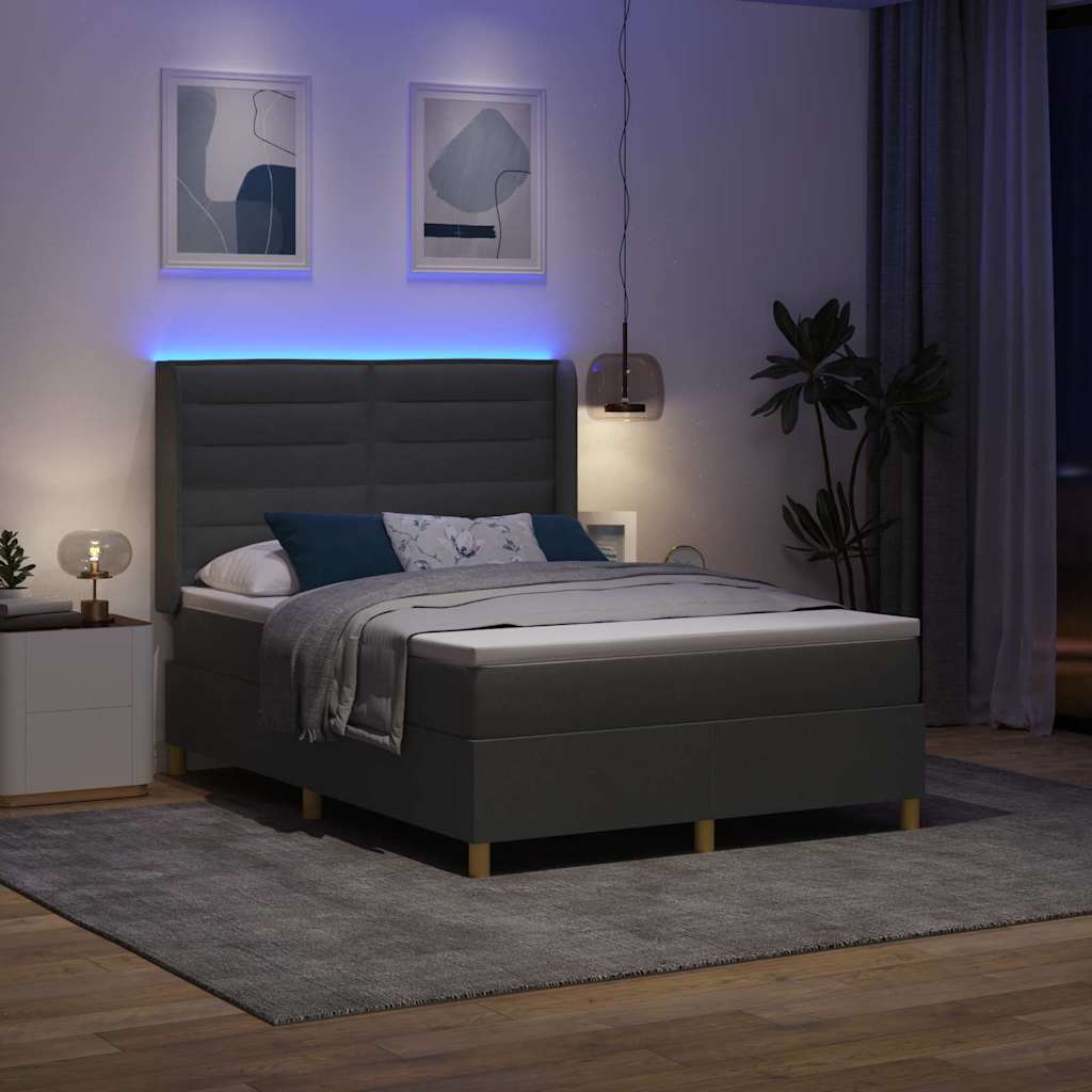 Boxspringbett mit LED-Lichtleisten Grau 140 x 190 cm Stoff