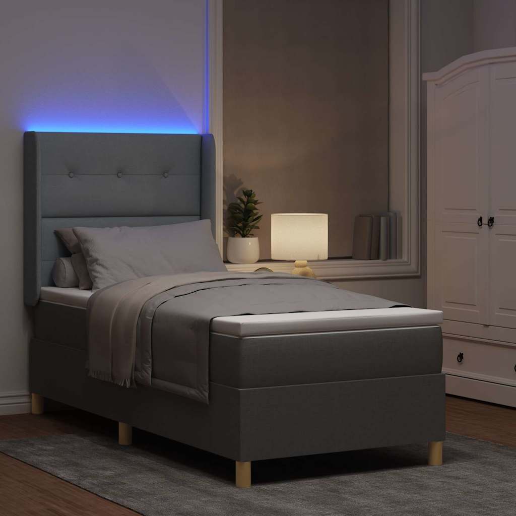 Boxspringbett mit LED-Lichtleisten Hellgrau 90 x 190 cm Stoff