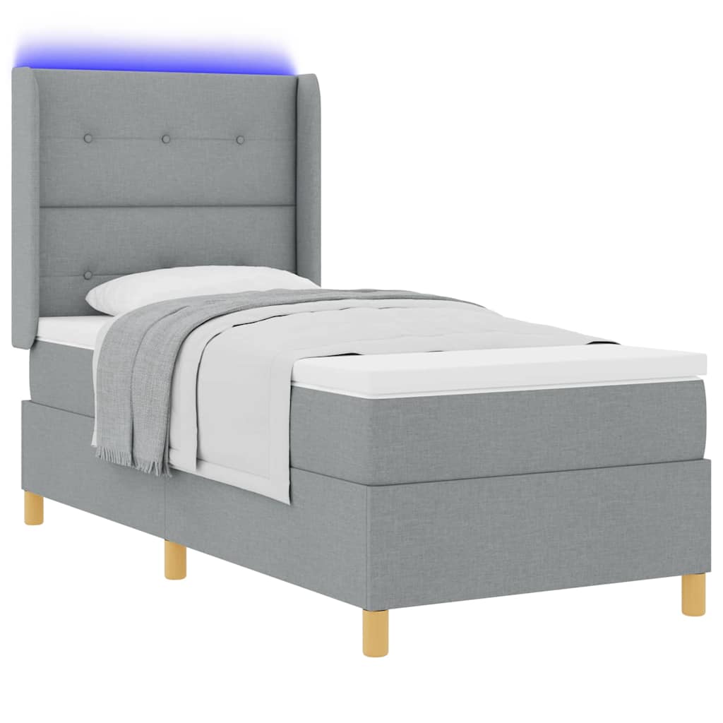 Boxspringbett mit LED-Lichtleisten Hellgrau 90 x 190 cm Stoff