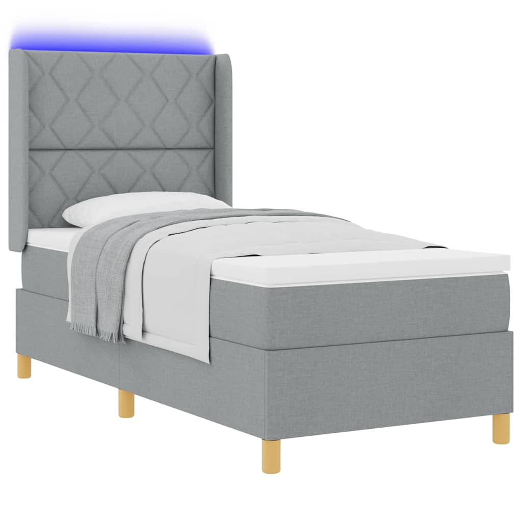 Boxspringbett mit LED-Lichtleisten Hellgrau 90 x 190 cm Stoff