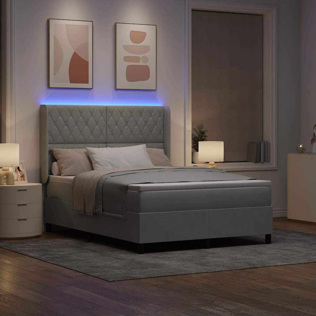 Boxspringbett mit LED-Lichtleisten Hellgrau 140 x 190 cm Samt