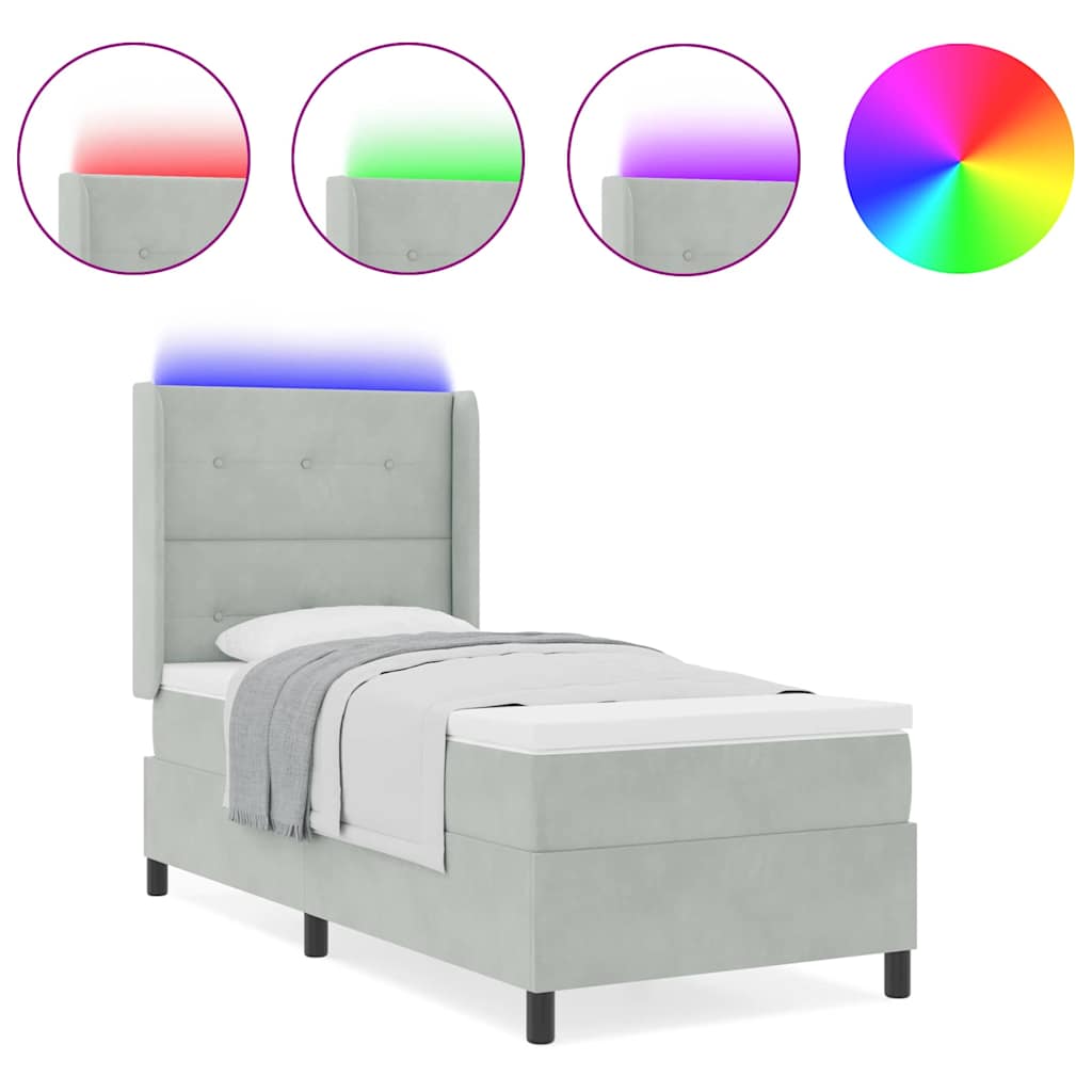 LED Boxspringbett mit Matratze Hellgrau 90 x 190 cm Samt