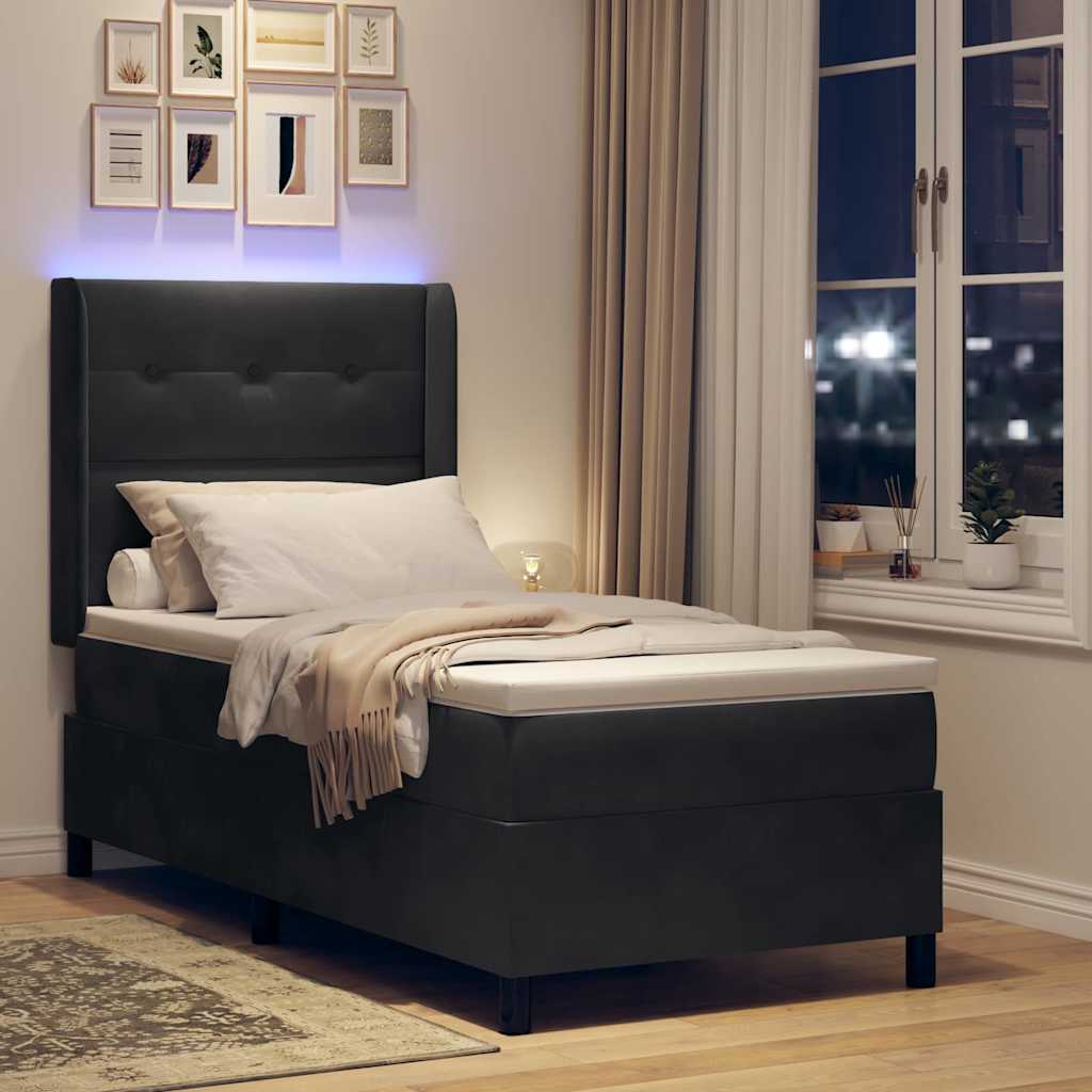LED Boxspringbett mit Matratze Schwarz 90 x 190 cm Samt
