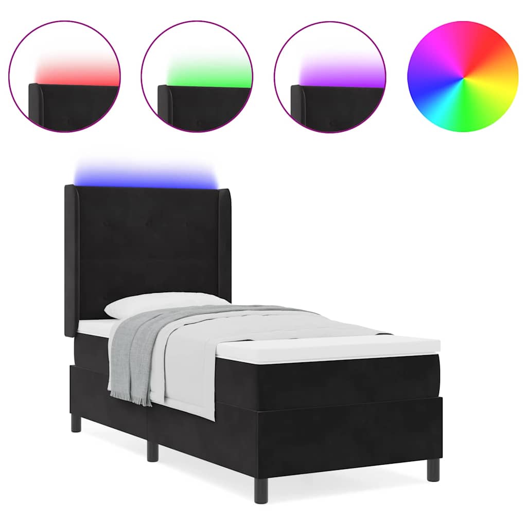 LED Boxspringbett mit Matratze Schwarz 90 x 190 cm Samt