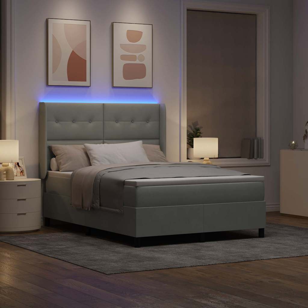 Boxspringbett mit LED-Lichtleisten Hellgrau 140 x 200 cm Samt