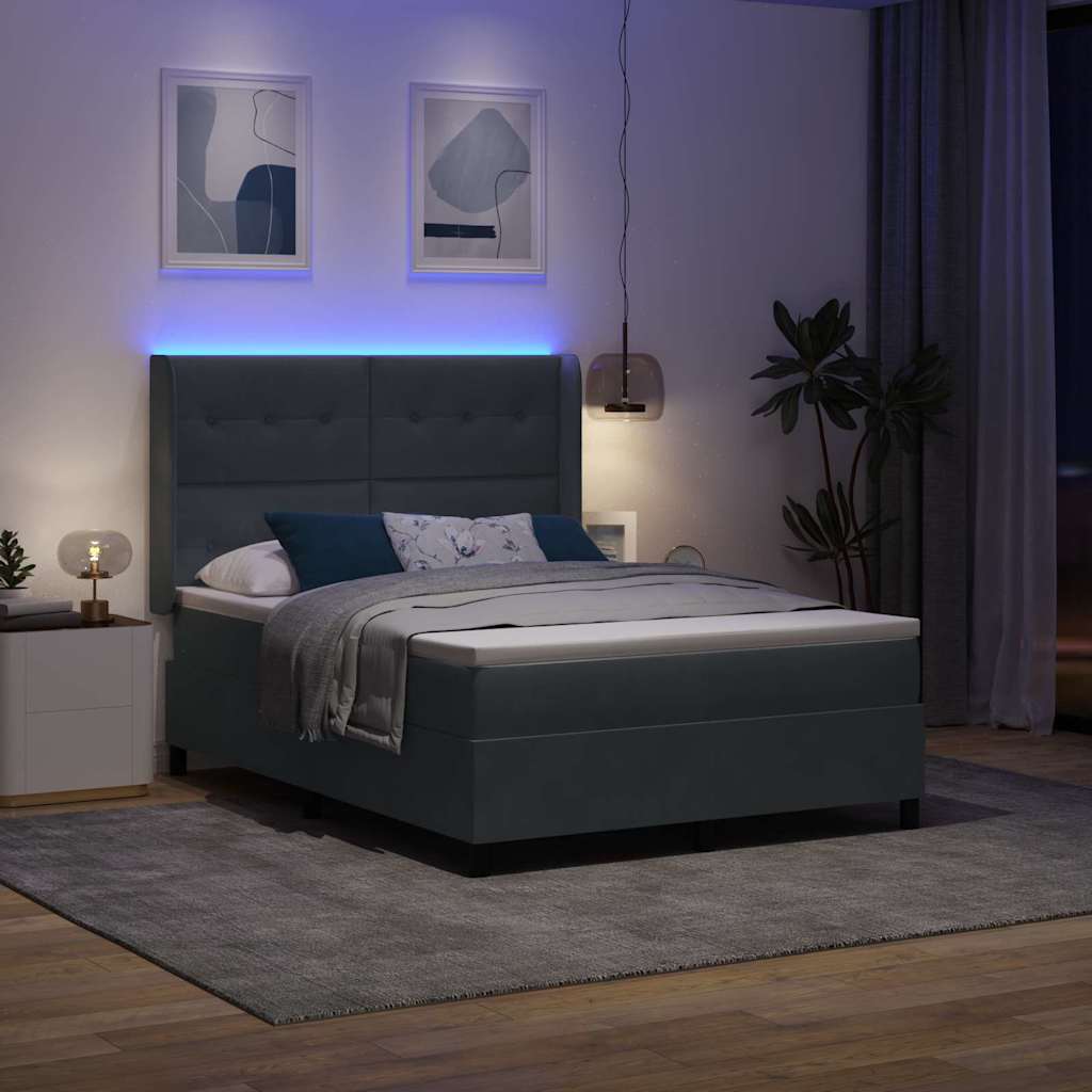 Boxspringbett mit LED-Lichtleisten Dunkelgrau 140 x 200 cm Samt