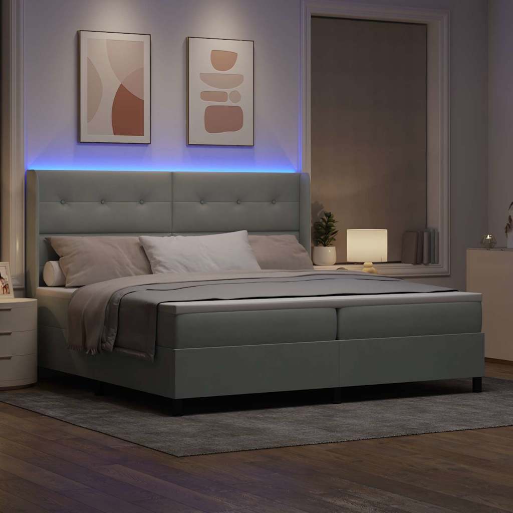 Boxspringbett mit LED-Lichtleisten Hellgrau 200 x 200 cm Samt