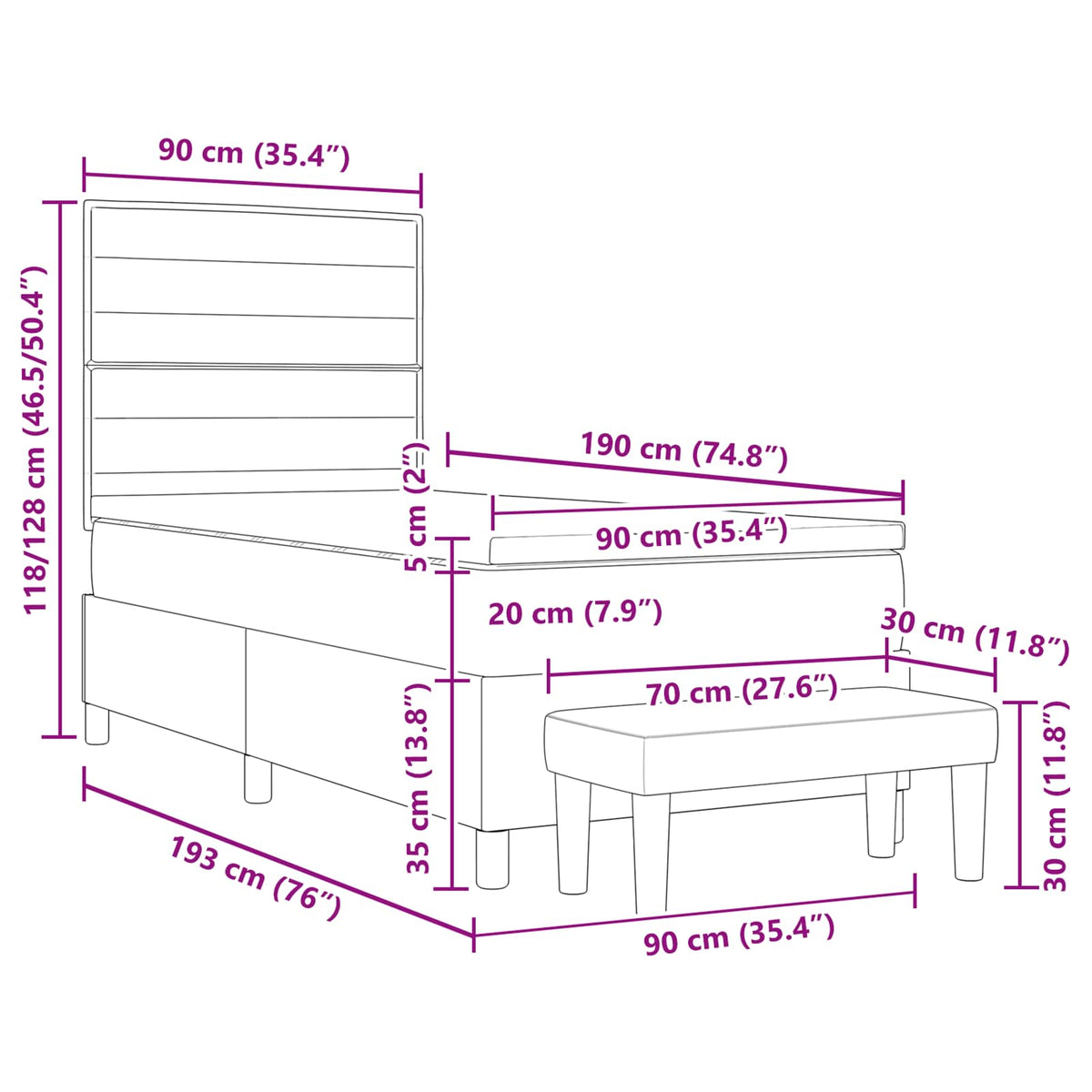 Boxspringbett mit Kopfteil Schwarz 90 x 190 cm Stoff