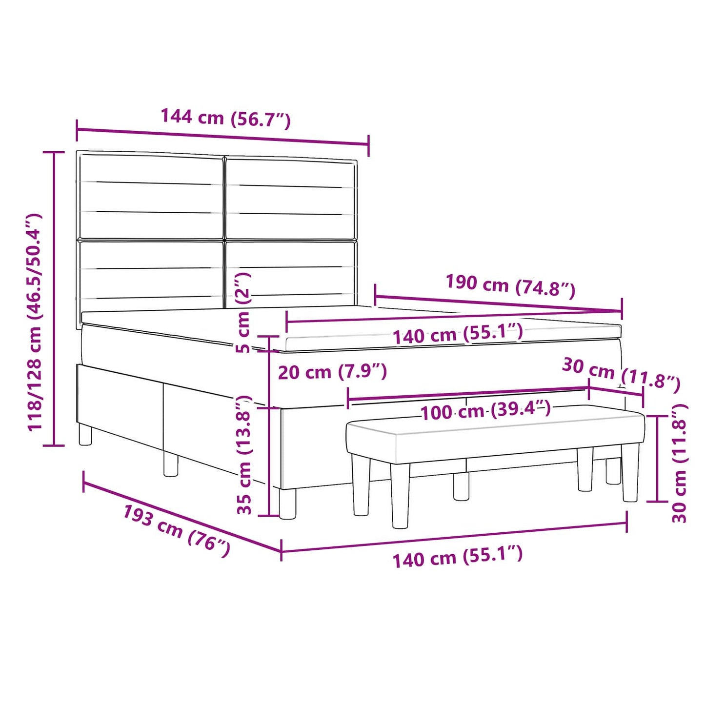 Boxspringbett mit Kopfteil Hellgrau 140 x 190 cm Stoff
