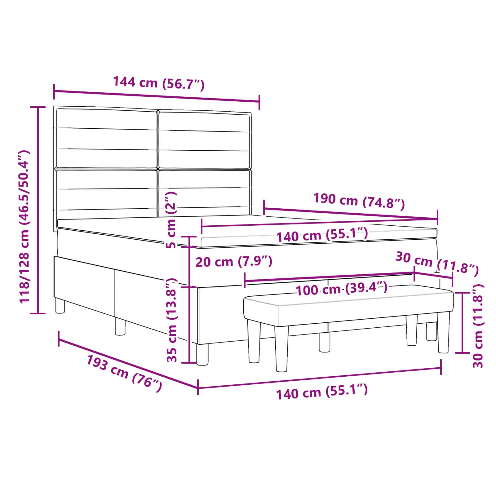 Boxspringbett mit Kopfteil Hellgrau 140 x 190 cm Stoff