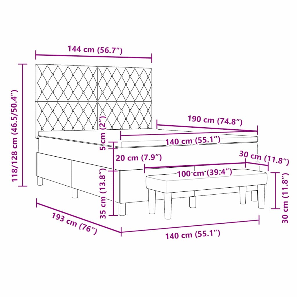 Boxspringbett mit Kopfteil Hellgrau 190 x 140 cm Samt