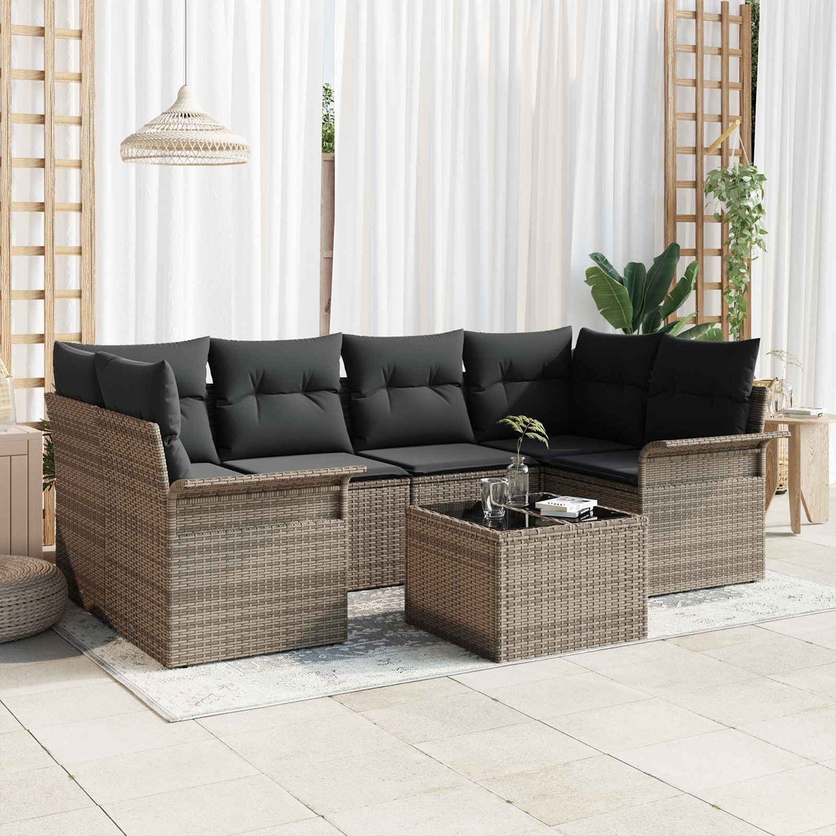 Gartensofa-set 7 pcs 6-Seater Grau Poly-Rattan