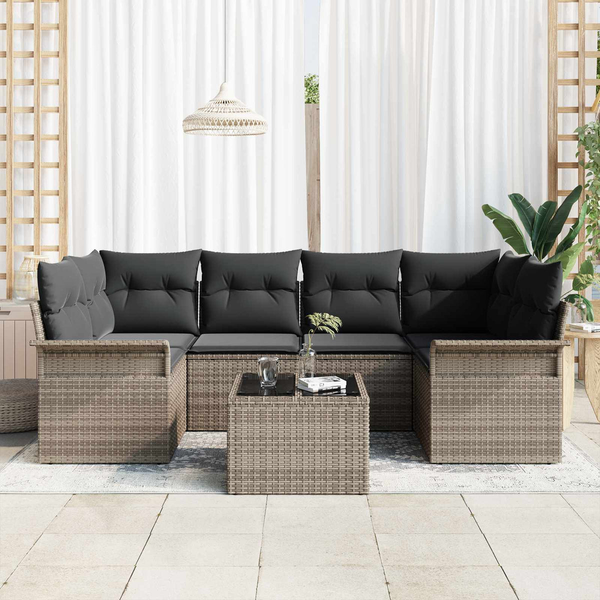 Gartensofa-set 7 pcs 6-Seater Grau Poly-Rattan
