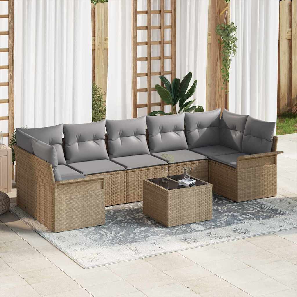Gartensofa-set mit Kissen 8 pcs Beige und Grau Poly-Rattan