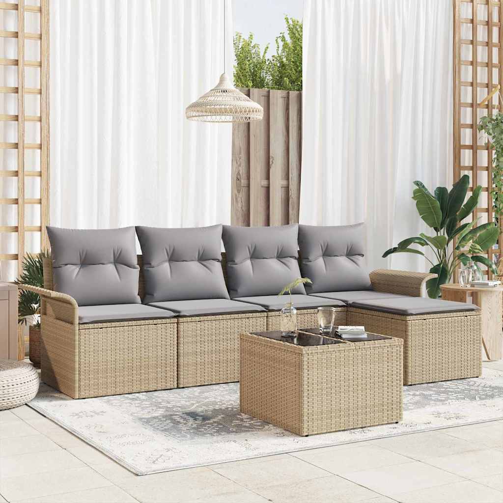 Gartensofa-set mit Kissen mit Speicher 6 pcs Beige Poly-Rattan