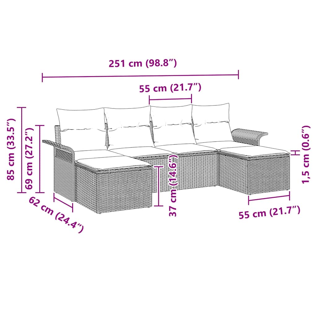 Gartensofa-set 6 stk. Schwarz Poly-Rattan