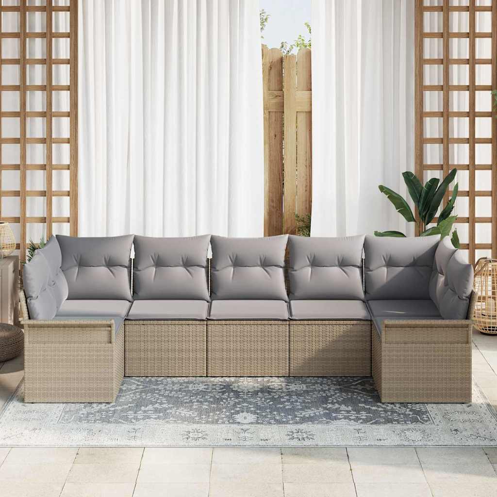 Garten-Sofa-Set mit Kissen mit Speicher 7 pcs Beige Poly Rattan