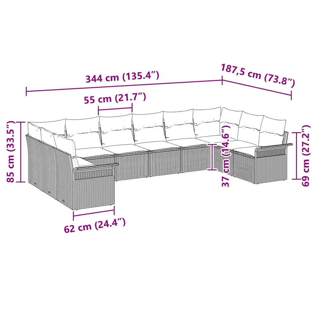 Gartensofa-set 10 stk. Grau Poly-Rattan