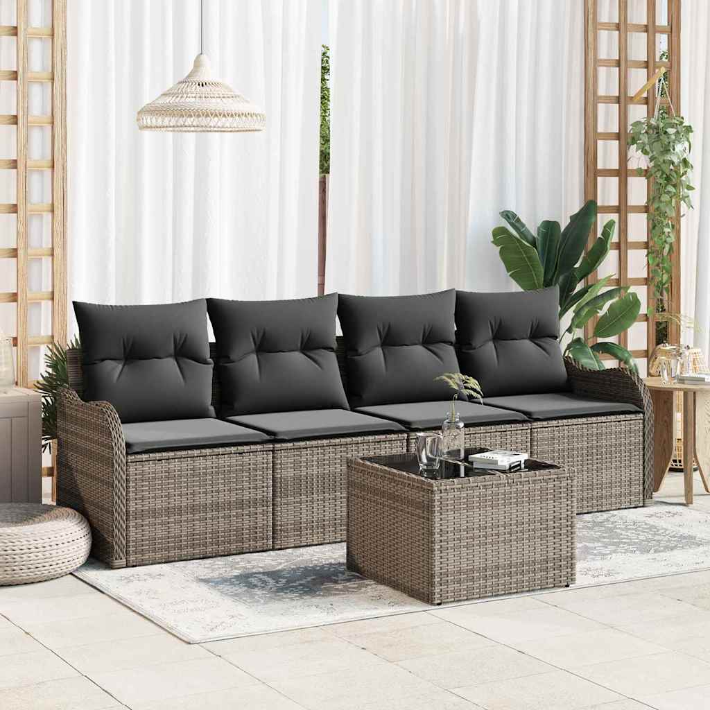 Garten-Sofa-Set 5 pcs Grau Poly-Rattan und Stahl und Glas
