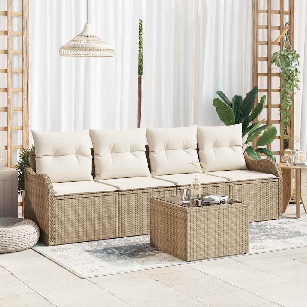 Gartensofa-set 5 Stk. 4-Sitzanzahl Beige und Creme Poly-Rattan