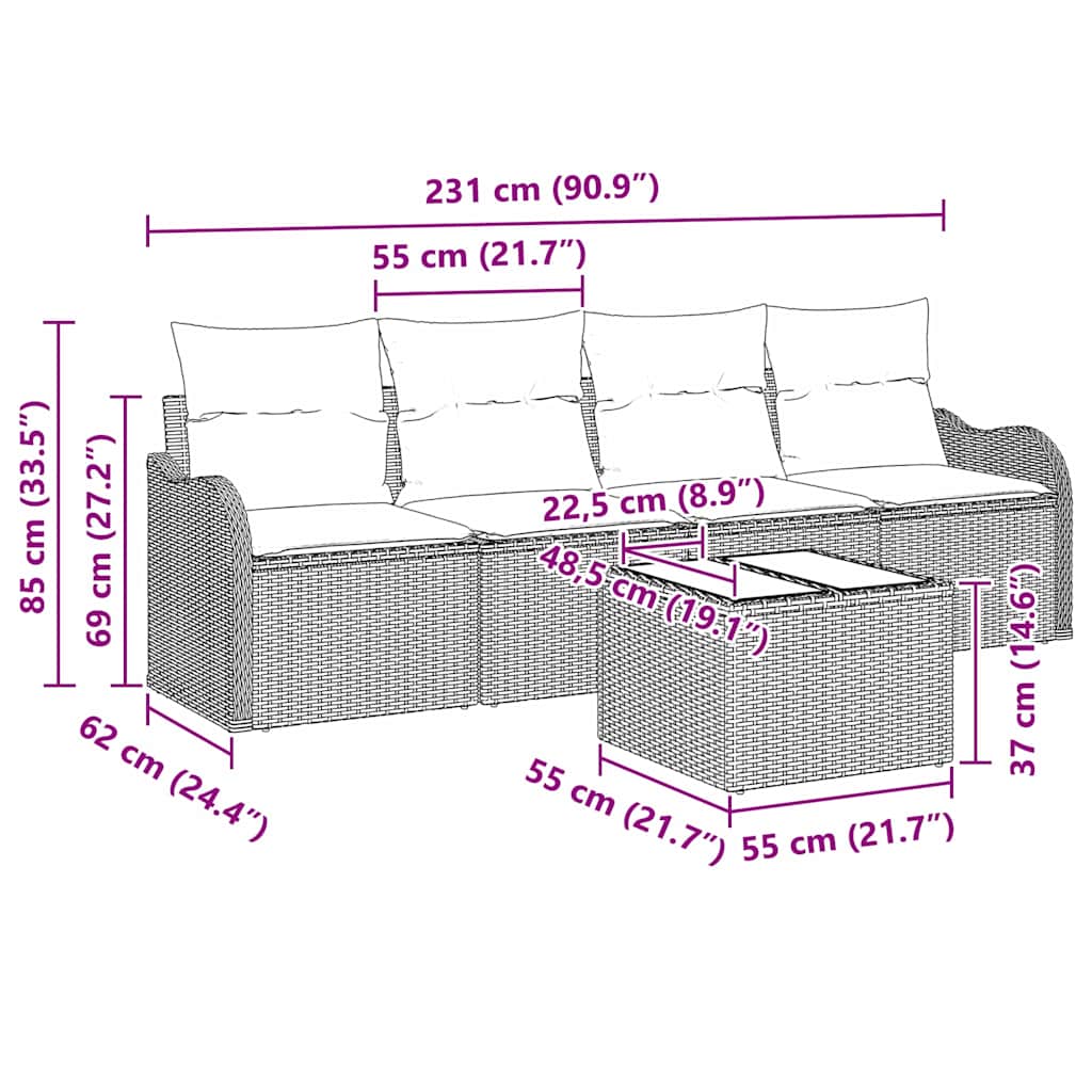 Gartensofa-set 5 Stk. 4-Sitzanzahl Beige und Creme Poly-Rattan