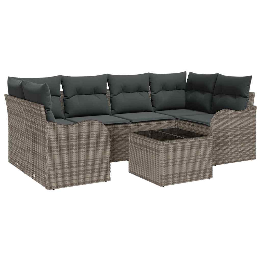 Garten-Sofa-Set 7 pcs Grau Poly-Rattan und Stahl und Glas