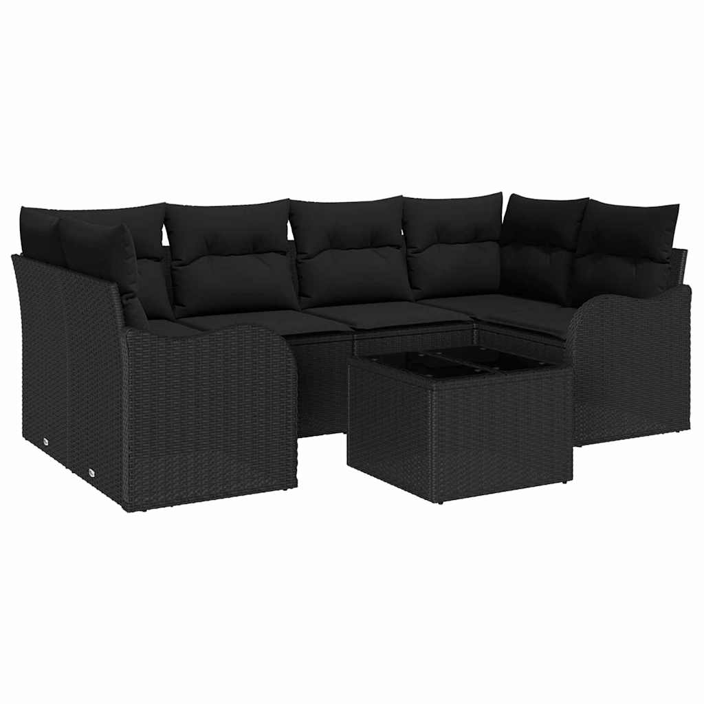 Garten-Sofa-Set 7 pcs Schwarz Poly-Rattan und Stahl und Glas