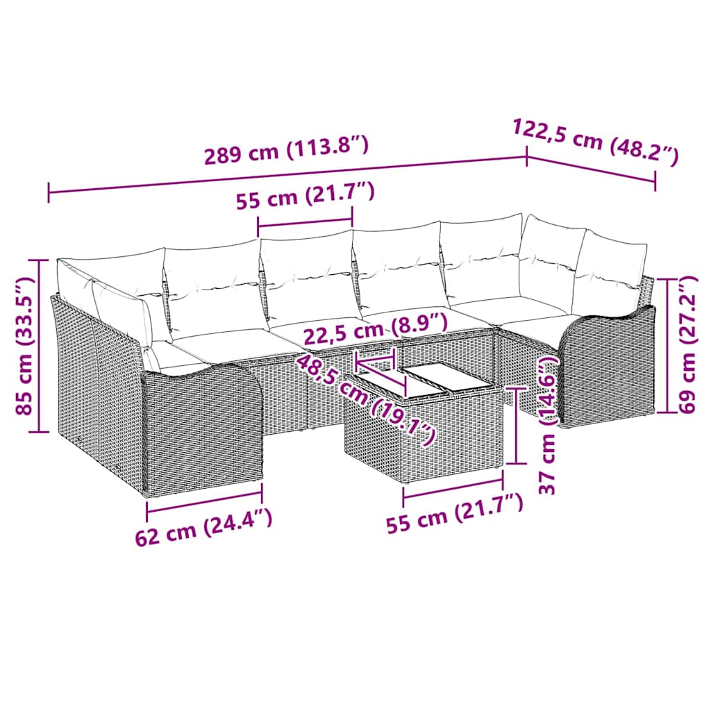 Gartensofa-set 8 pcs Grau Poly Rattan, Steel, and Glass