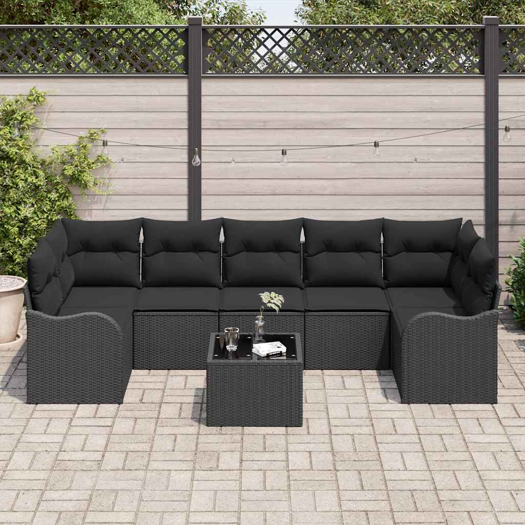 Gartensofa-set 8 pcs Schwarz Poly Rattan, Steel, and Glass