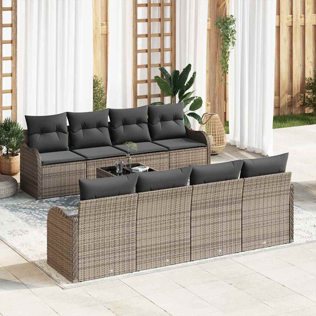 Gartensofa-set 9 pcs Grau Poly Rattan, Steel, and Glass