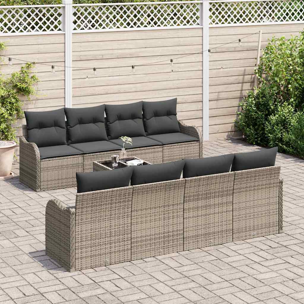 Gartensofa-set 9 pcs Grau Poly Rattan, Steel, and Glass