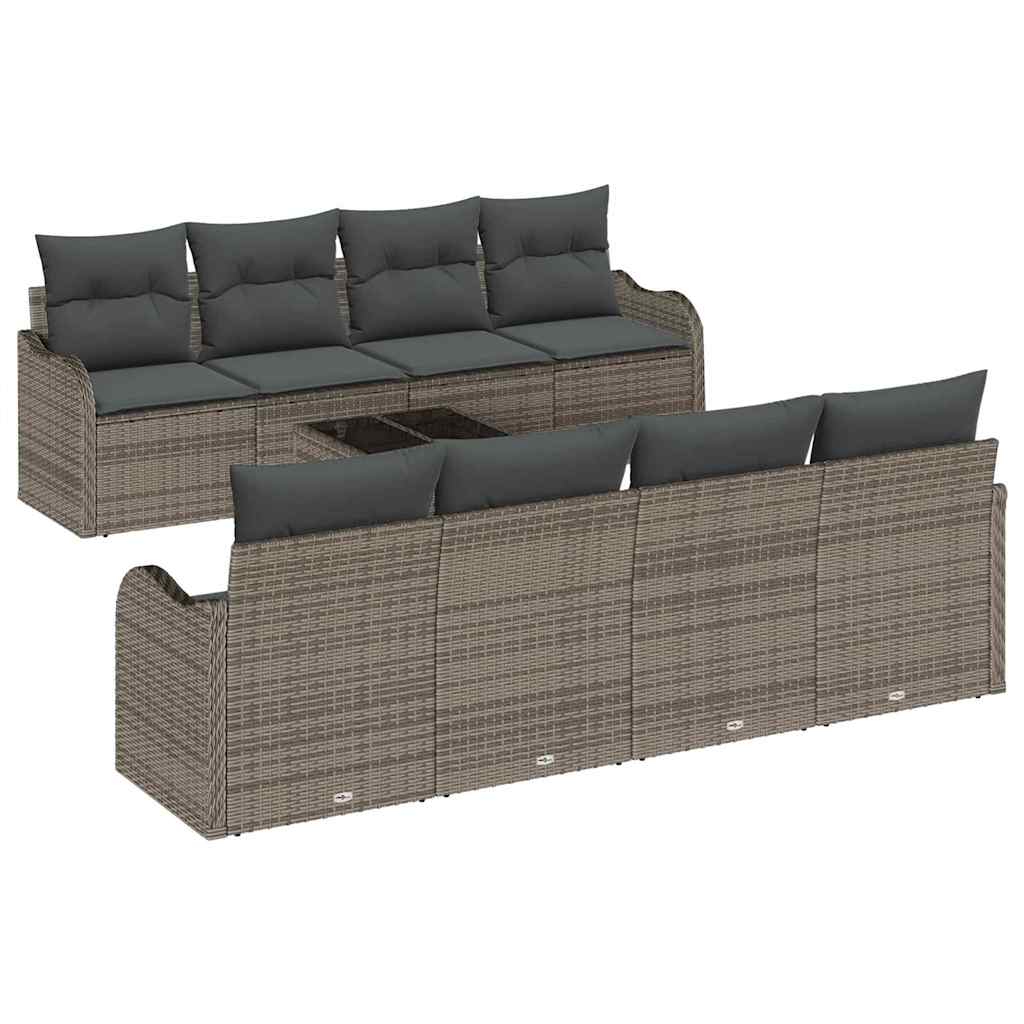 Gartensofa-set 9 pcs Grau Poly Rattan, Steel, and Glass