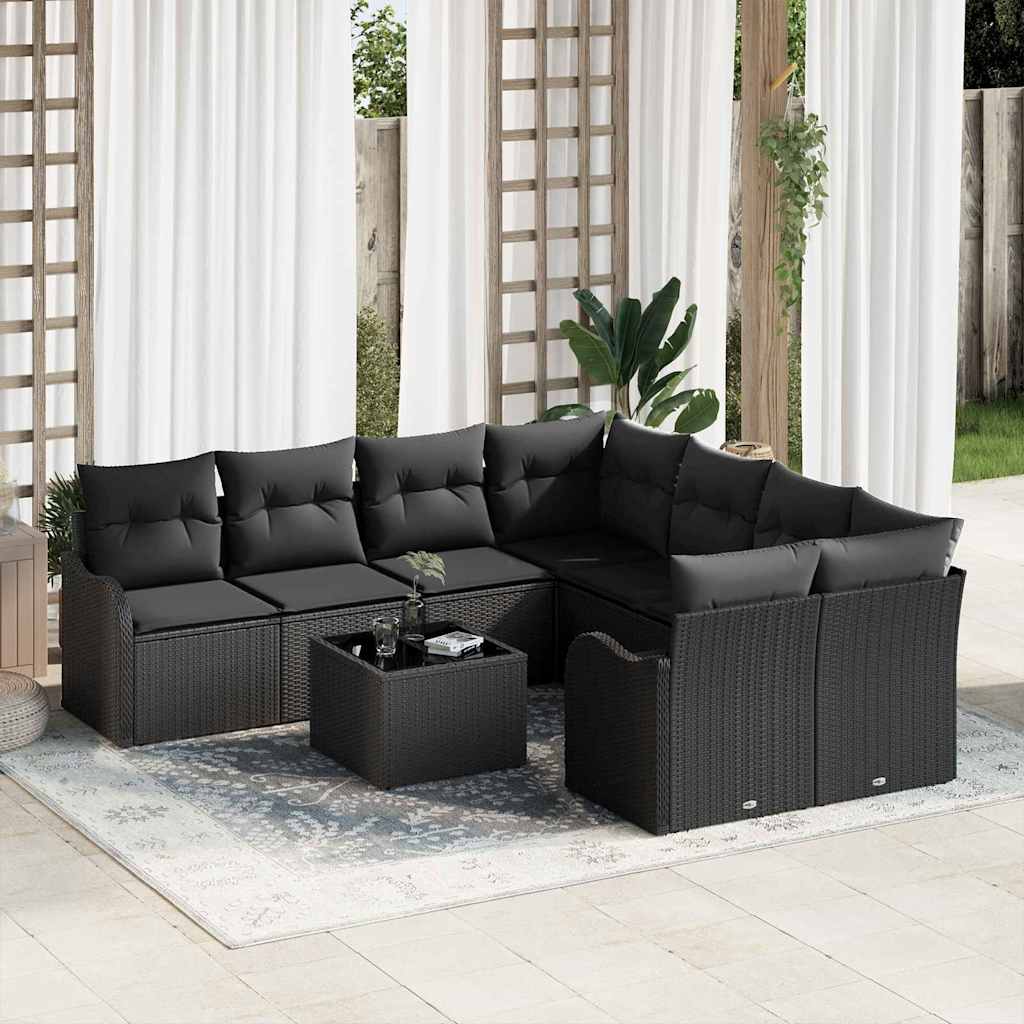 Gartensofa-set 9 pcs Schwarz Poly Rattan, Steel, and Glass